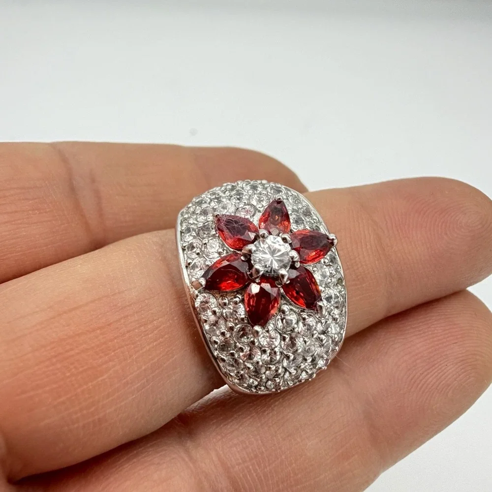 Vtg Sterling Silver 925 Ruby & White Topaz Ring Dome Pave Sz 7 HSN QVC Kelly Ann